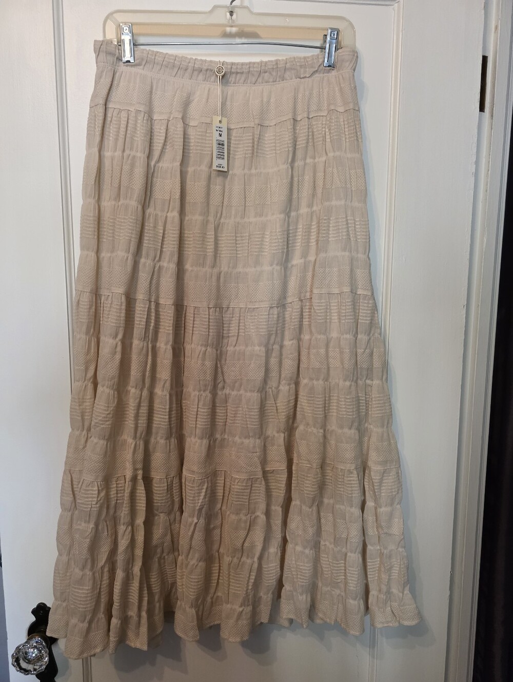 Max Studio Cream Cotton Textured Tiered Midi Skirt Elastic Waist Lined M NWT